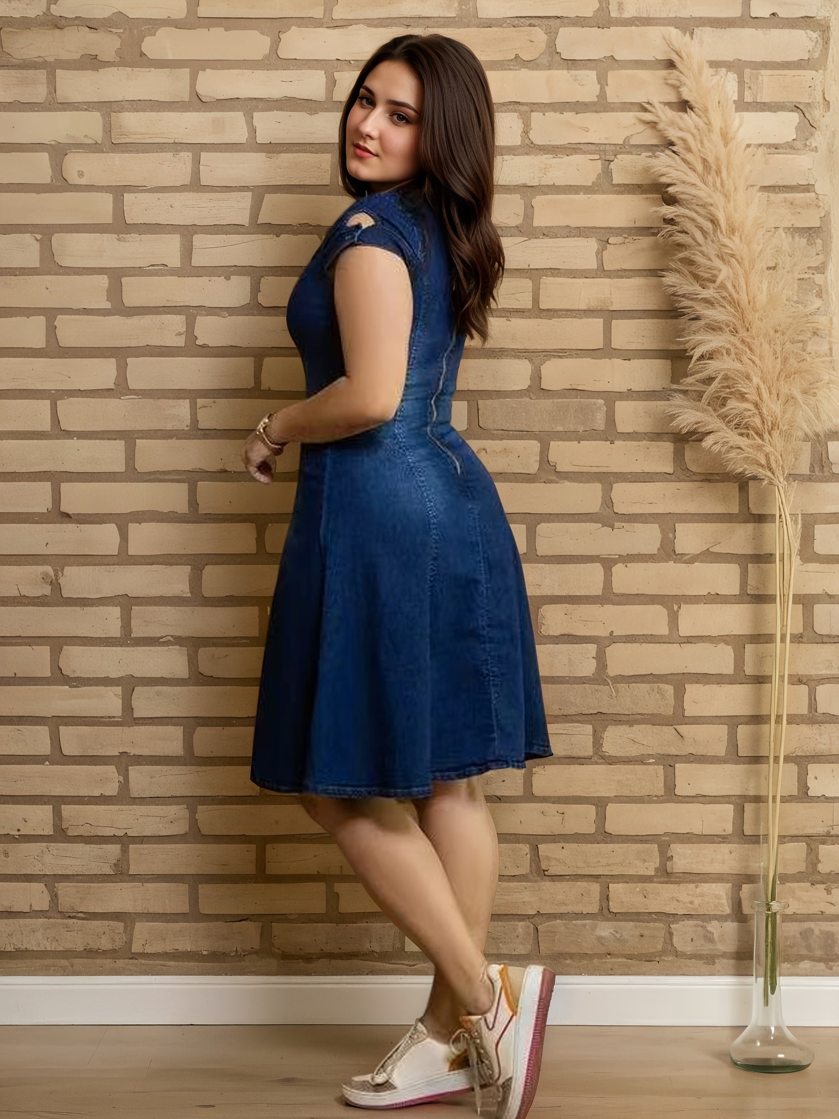 Vestido midi casual a formal para mujer de talla grande, azul marino elástico con escote cuadrado