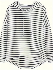 Women's Plus Size Striped Hoodie With High Low Hem Drawstring Spring Fall Long Sleeve
