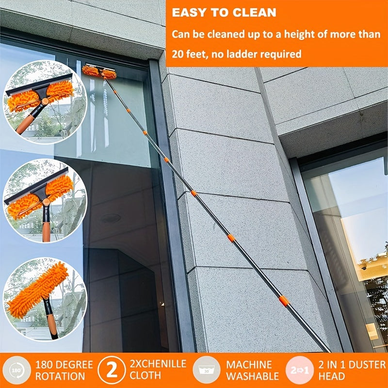 2-in-1 Window Cleaning Kit Telescopic Handle Microfiber Squeegee Orange