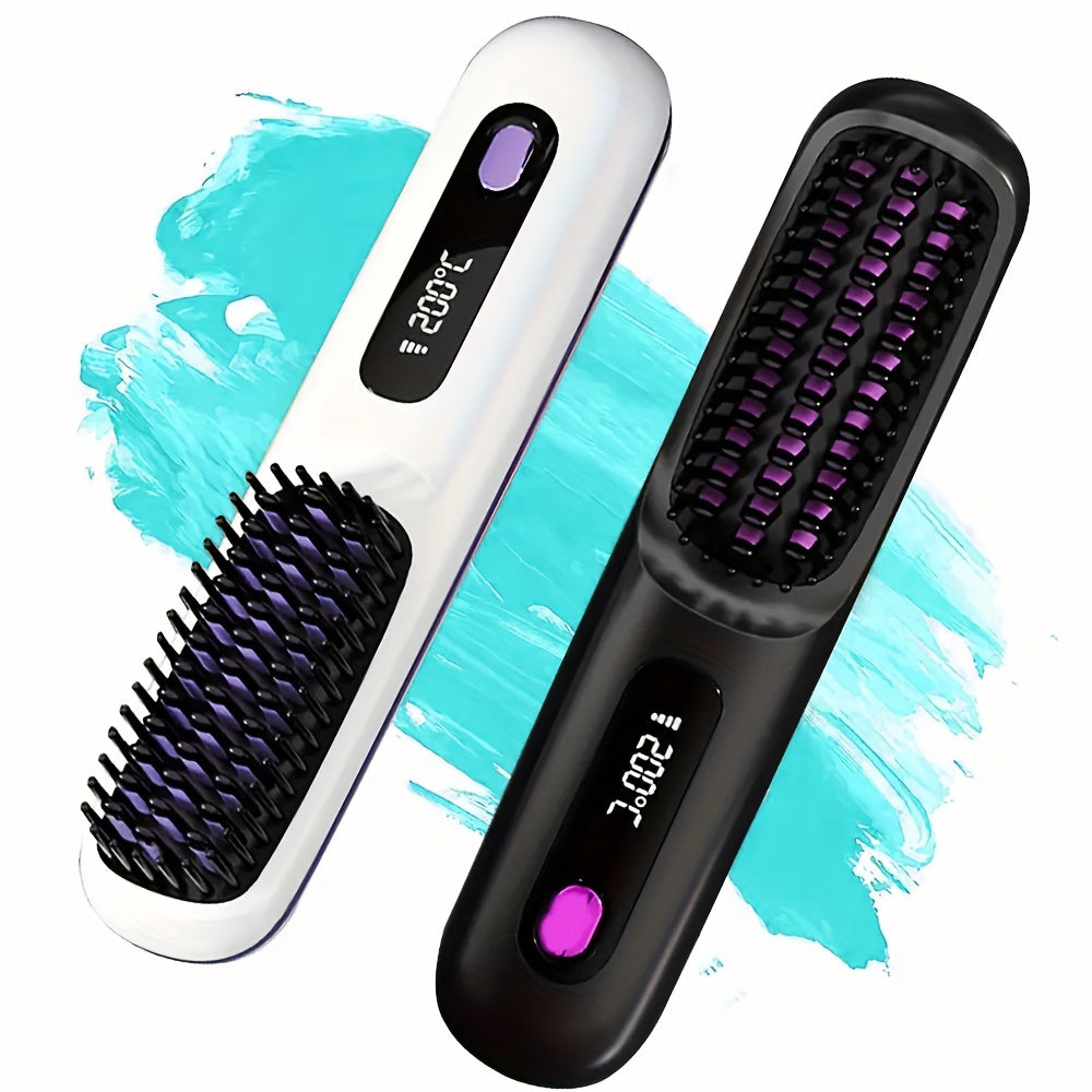 Portable straight hair brush with 3 temperature settings LED display USB charging 2000mAh lithium battery