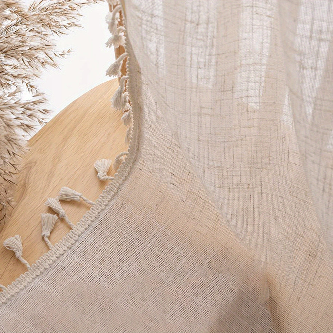 Beige Lace Linen Sheer Curtain with Tassels for Bedroom Living Room Office