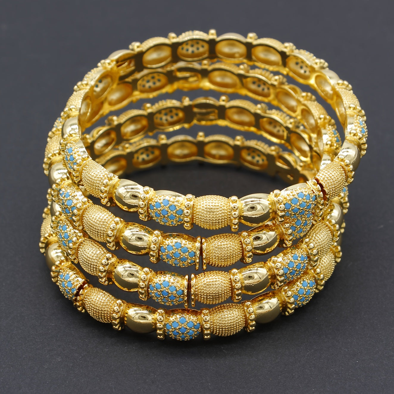 Set of 4 Copper Bangles with Zirconia Inlay Vintage Boho Style Adjustable Open Cuff for Women