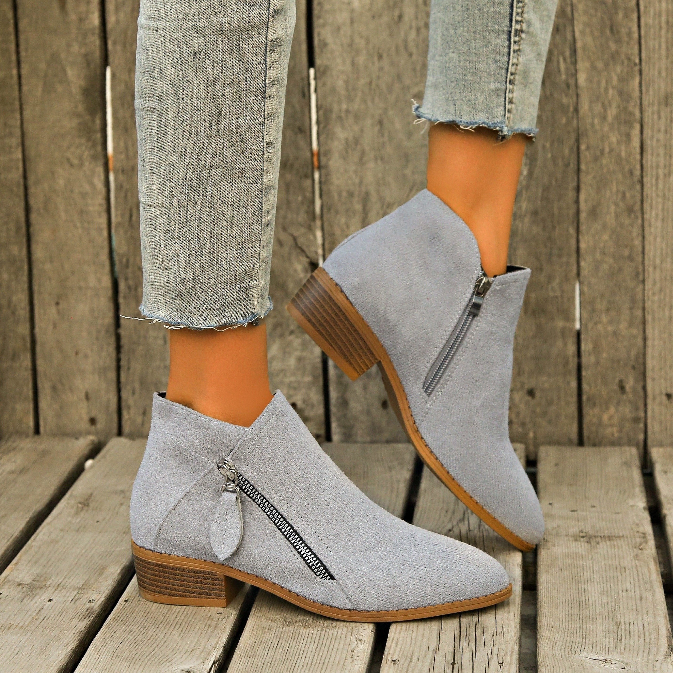 Women's Ankle Boots Retro Solid Color Casual Leather Footwear with Chunky Heel