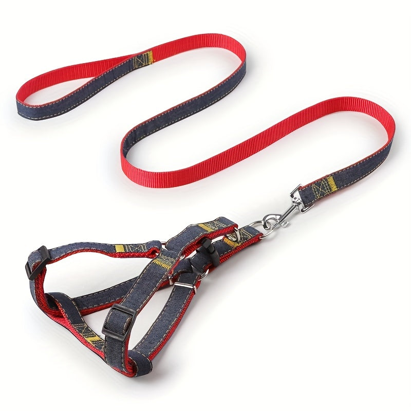 Adjustable Denim Dog Harness and Leash Set for Small to Large Breeds Polyester