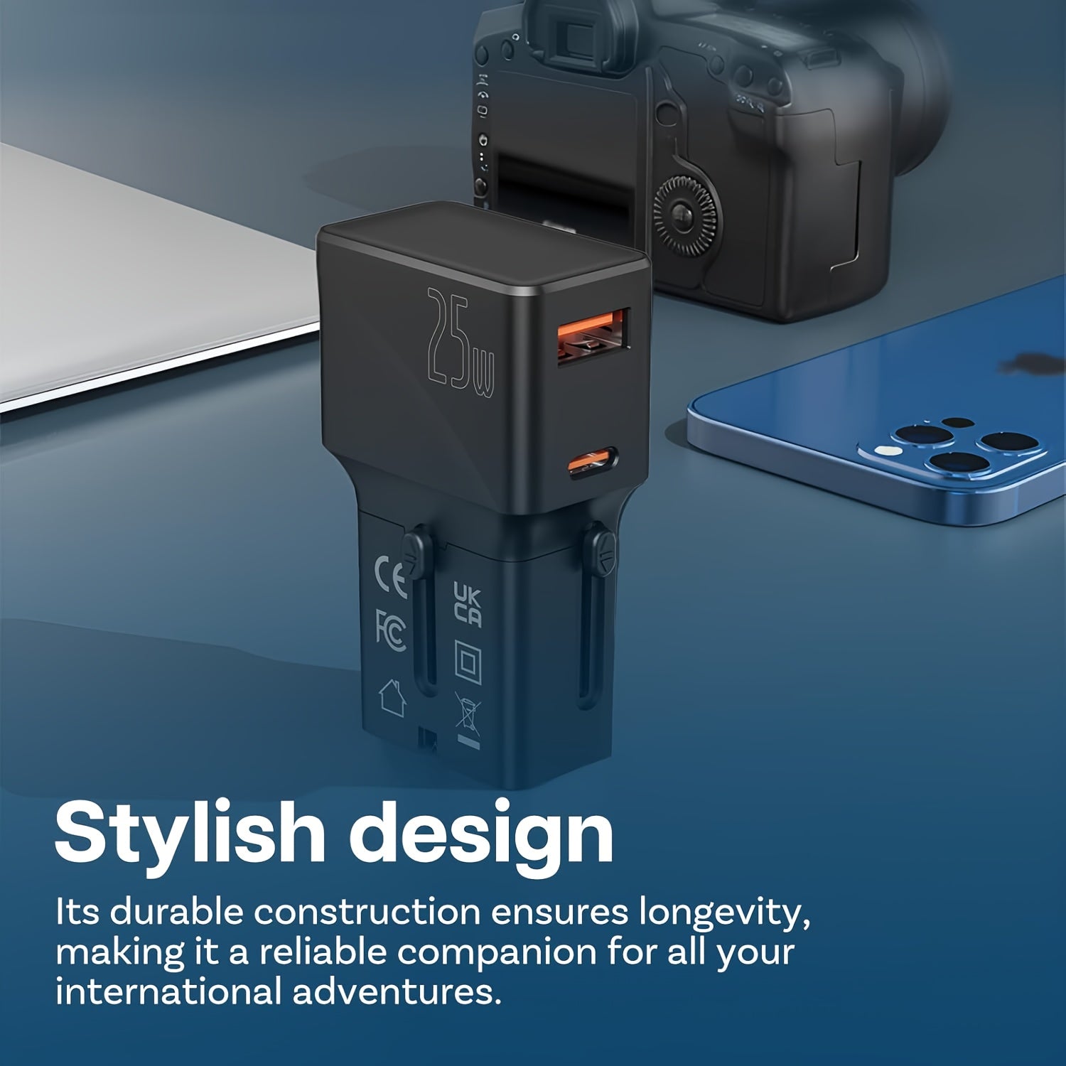 Adaptador de viaje internacional mini con PD de 25W y carga rápida QC 3.0 Tipo-C para EE. UU., UE y Reino Unido