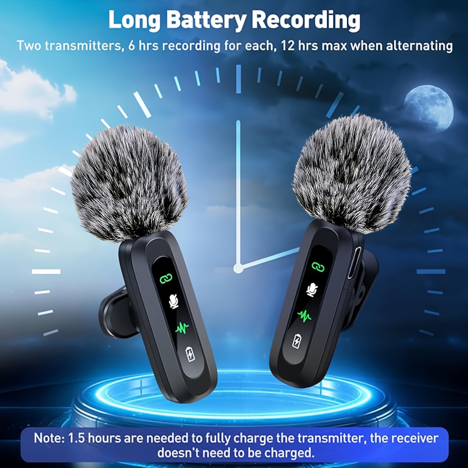 Wireless Clip-On Microphone with One-Click Recording USB-C Charging and Battery Indicator