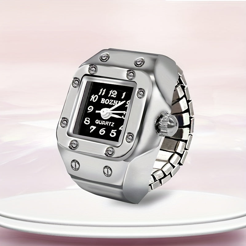 Men's Quartz Watch Ring Watch with Rectangular Dial Artificial Jewelry Gift