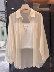 Women's Sheer Long Sleeve Button Shirt Spring Fall Solid Polyester Casual