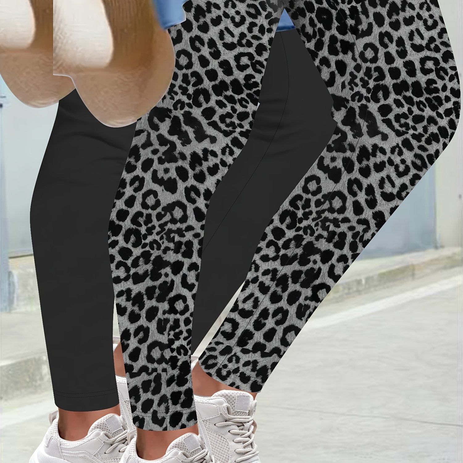 Women's High-Waisted Leggings Polyester Spandex Solid Color Plus Size Black