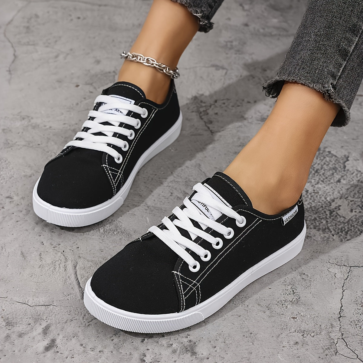 Women's Casual White andBlack Low-Top Sneakers with Soft Fabric Upper