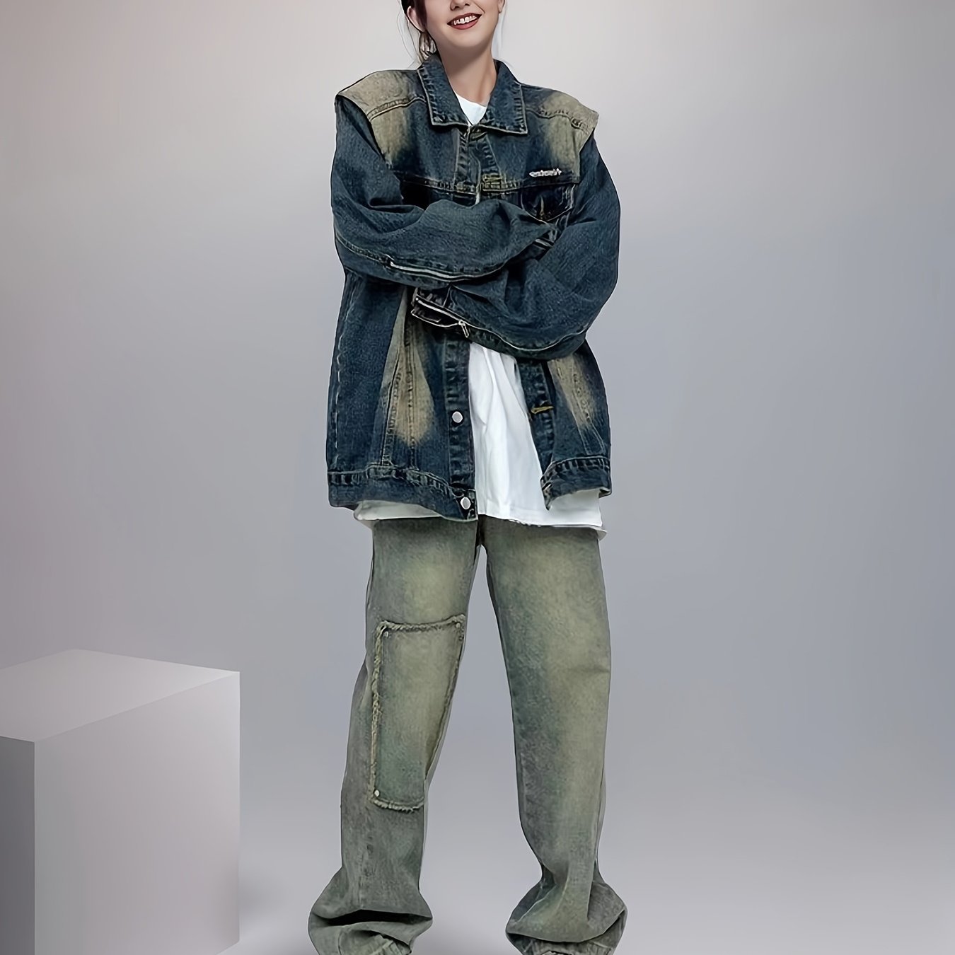 Women's Denim Jacket with Shoulder Pads Loose Fit Washed Blue Casual Outerwear