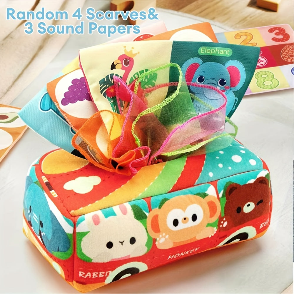 Animal Sensory Learning Toy Set with Tissue Box, Scarf and Crinkle Paper for Kids