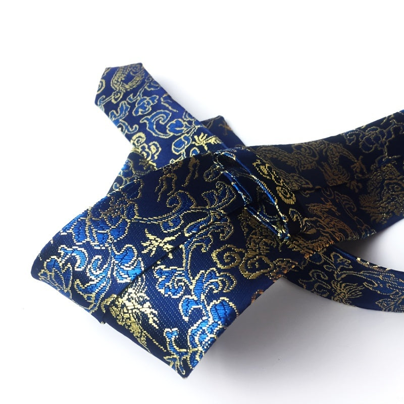 Men's Silk Tie with Hand-Embroidered Chinese Dragon and Peony Design