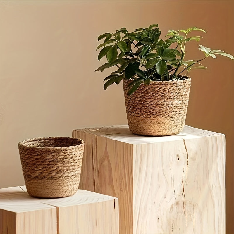 Handwoven Seagrass Planter Pot Indoor Home Decor with Plaid Accessory