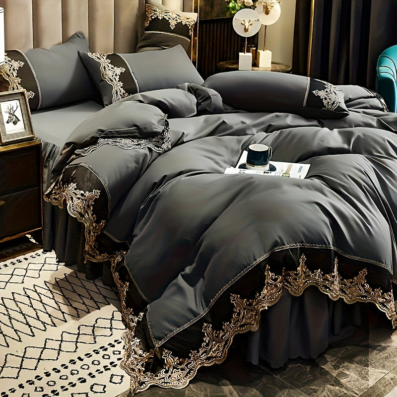 Luxury Polyester Duvet Cover Set with Golden Lace Accents, Solid Color, Zipper Closure