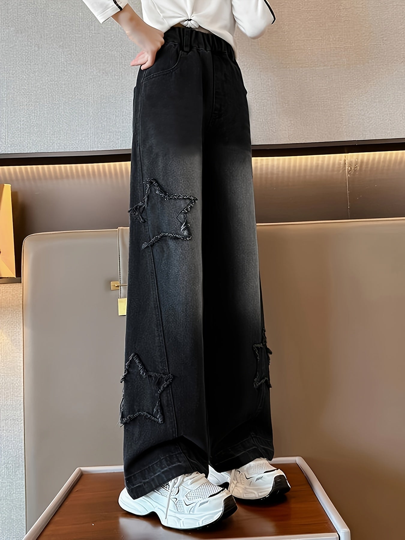 Детские широкие джинсы с звездным дизайном, высокая талия, повседневные джинсы из денима