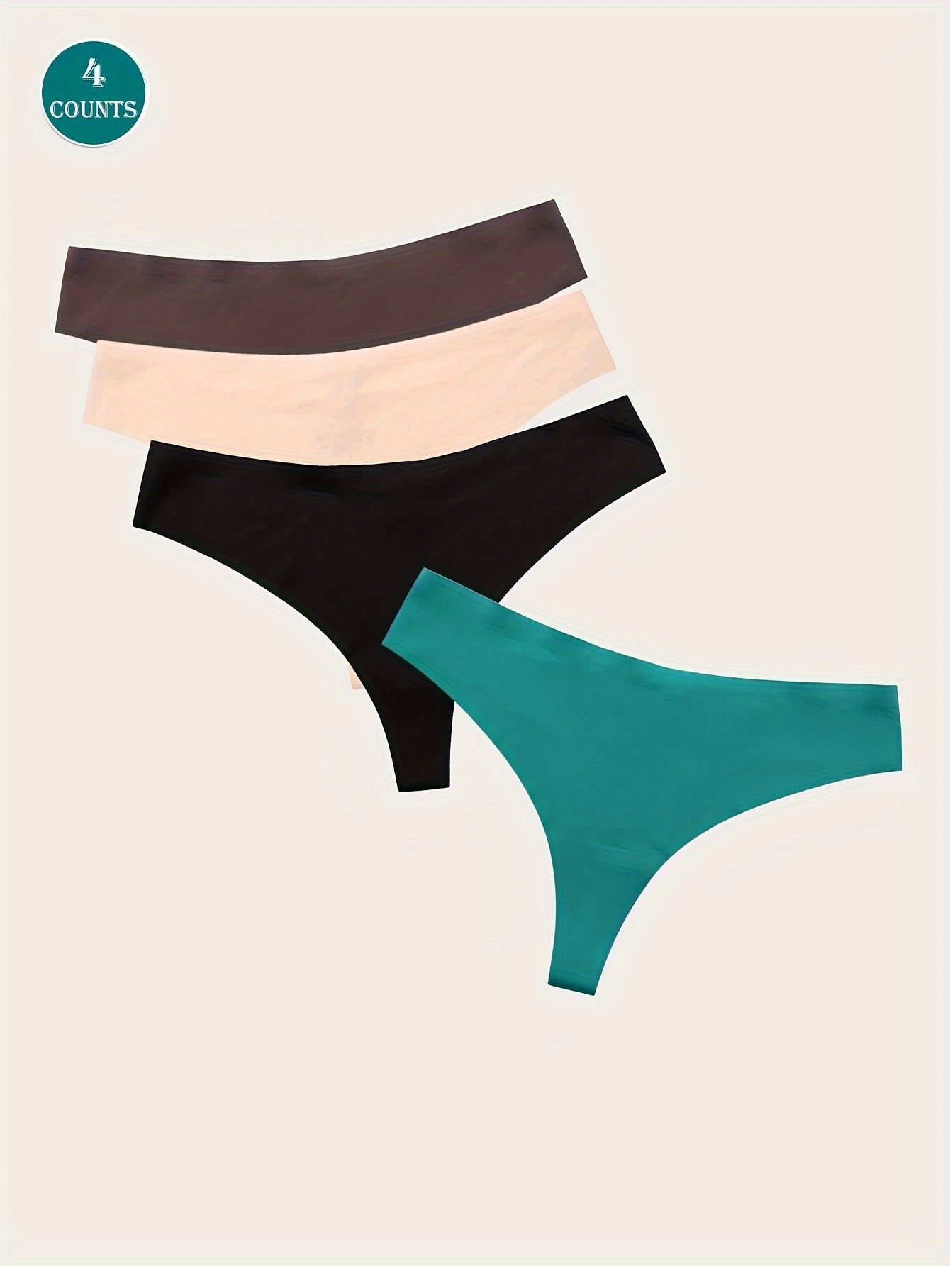 4 ta jozibali ayollar uchun qizil va rangli, past bel V-qo'shlar, nafas oladigan nylon va elastan aralashmasidan tayyorlangan.