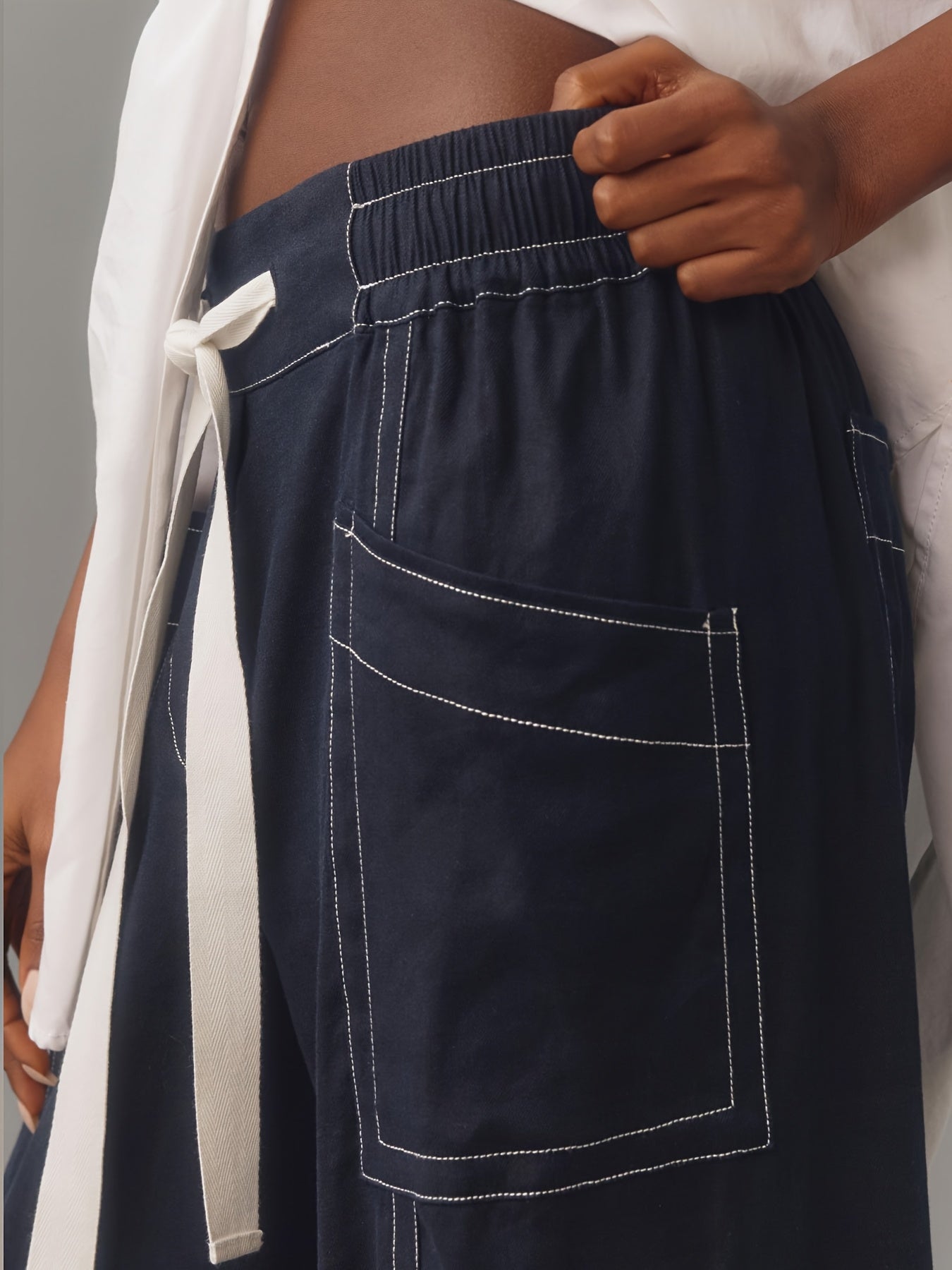 Women Plus Size Wide Leg Pants with Drawstring Elastic Waist Beige