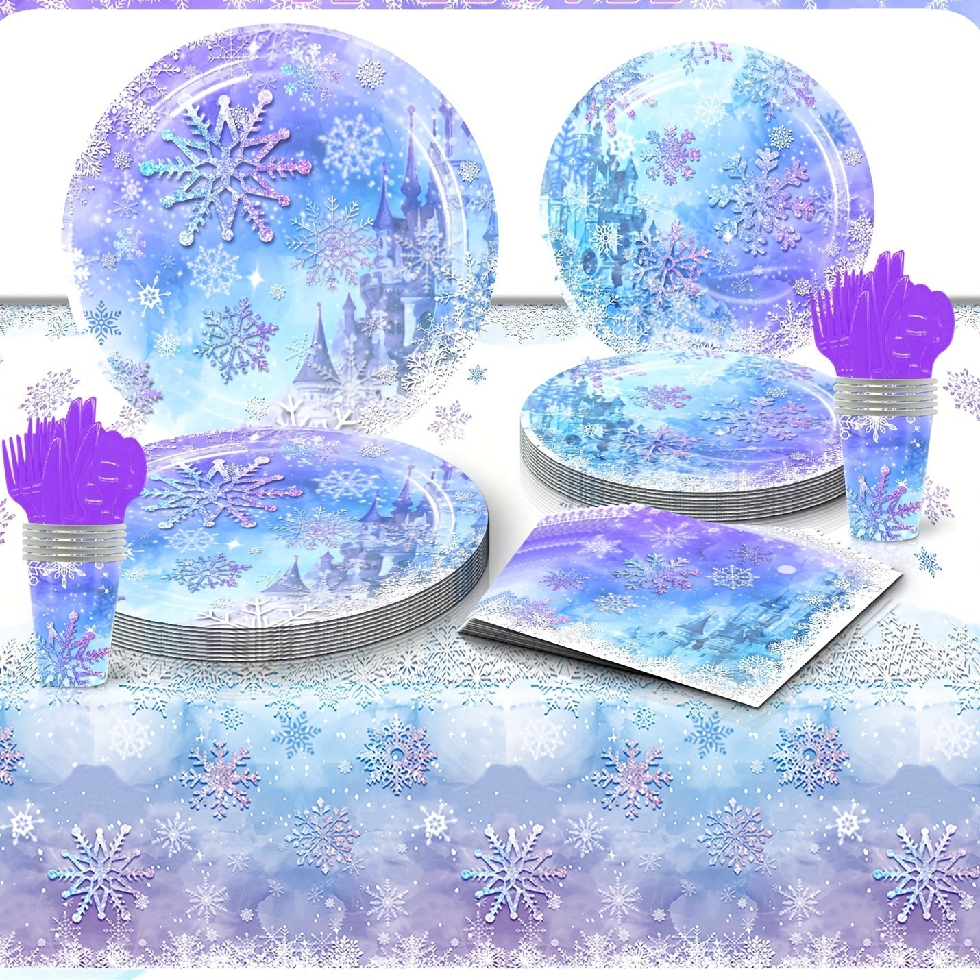 Blue and Purple Snowflake Tablecloth 107.95x179.83cm for Dinosaur Birthday Parties