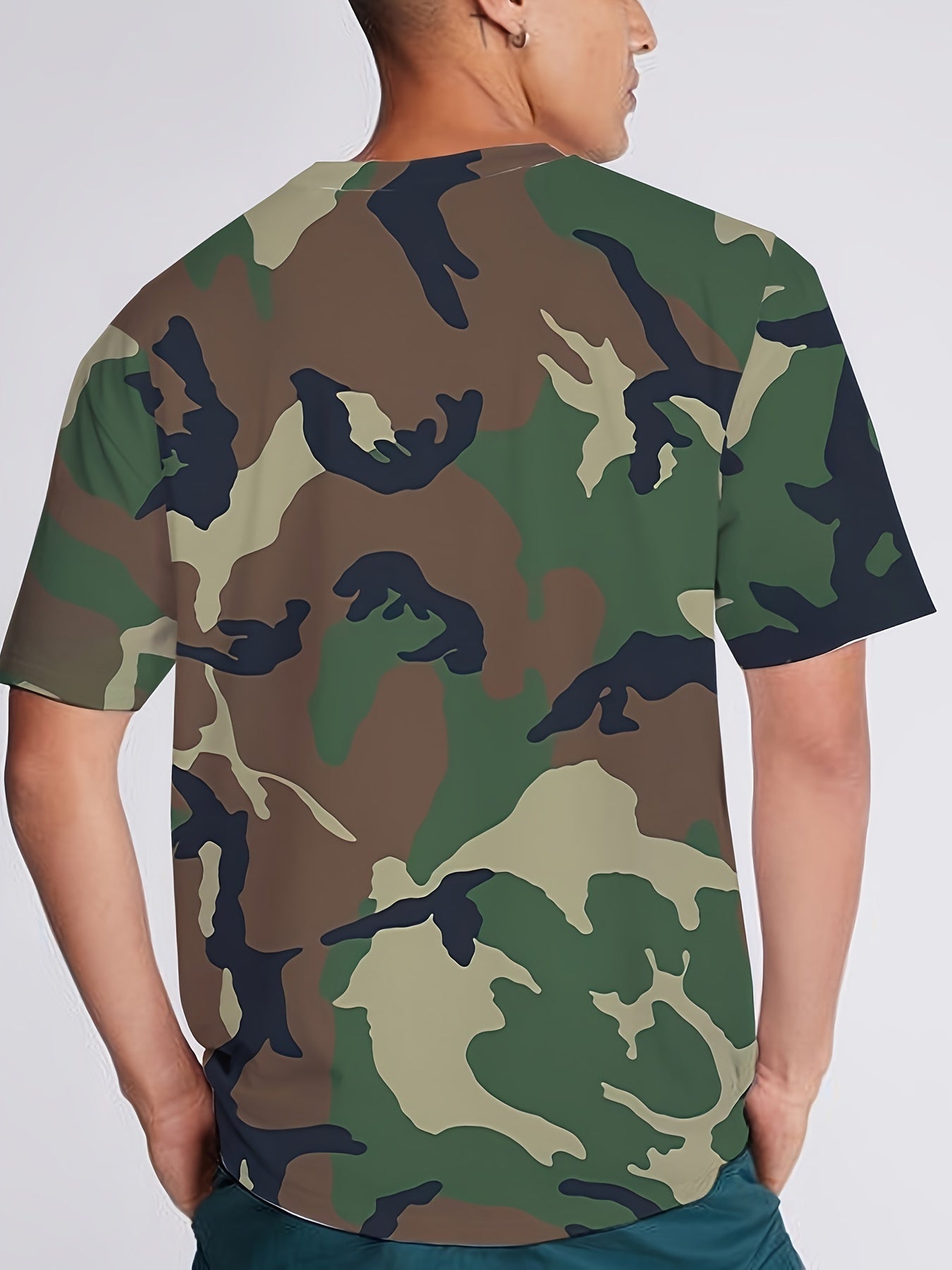 Men's Camo Print Summer Shirt Short Sleeve Breathable Polyester Casual Round Neck
