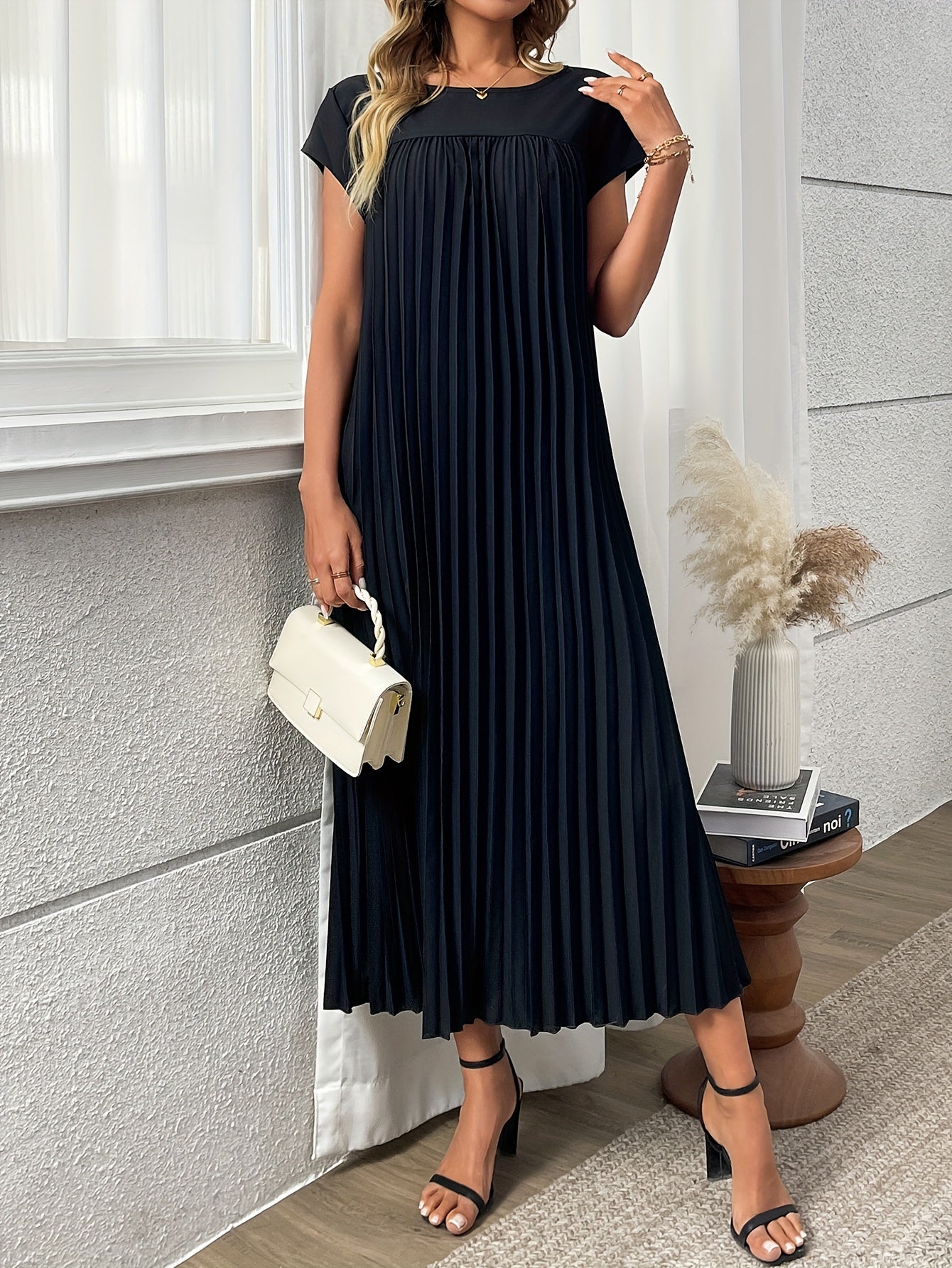 Women's Blue Pleated A-Line Tunic Dress with Crew Neck Short Sleeves Flared Hem Polyester