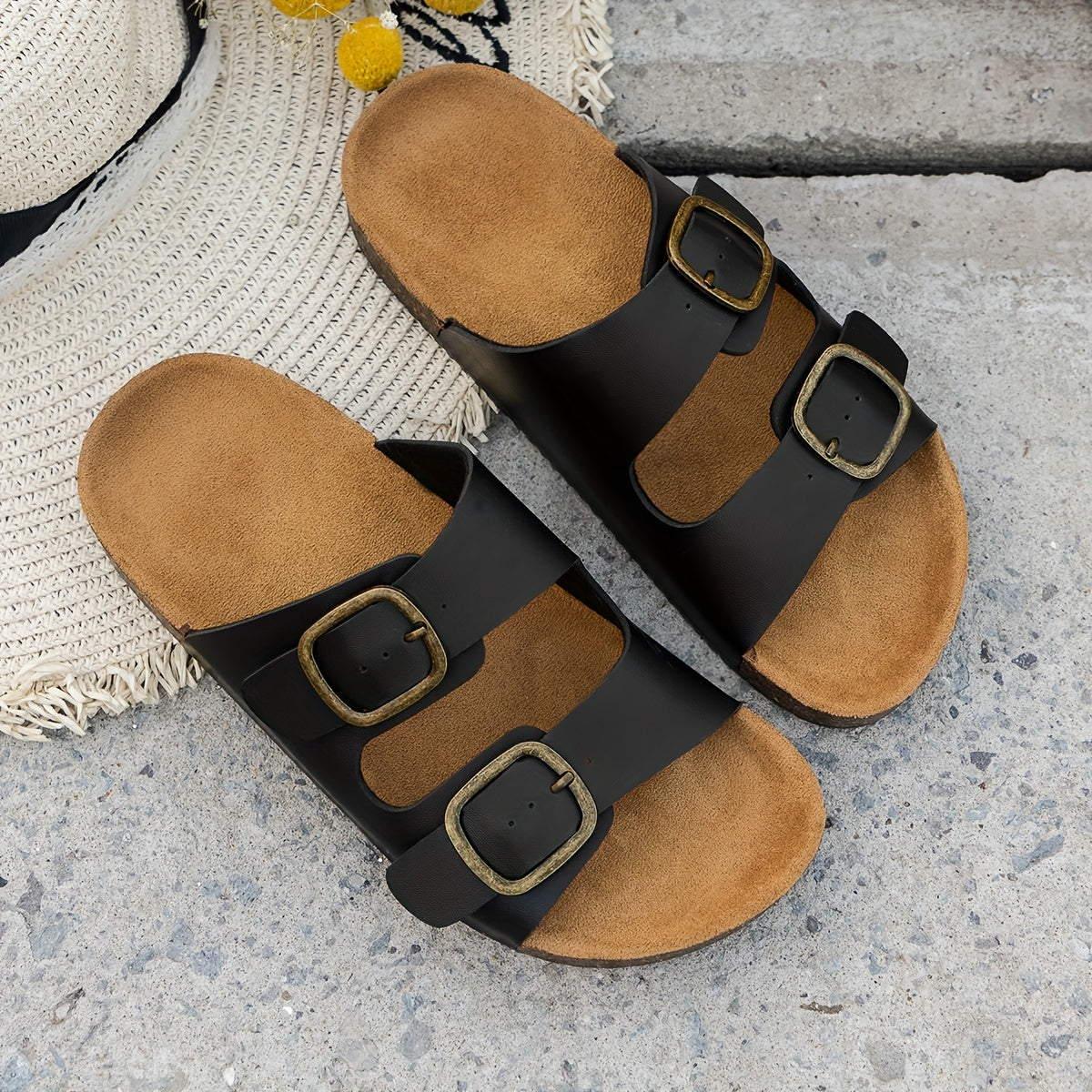 Женские летние слэп-он сандалии дышащие из PU с квадратным носком плоская обувь