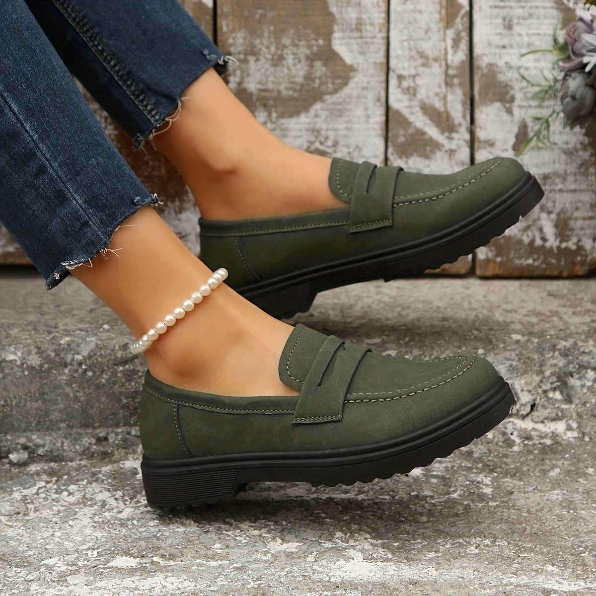 Women Olive Green PU Loafers Slip-On Moccasins Casual Dressy Shoes