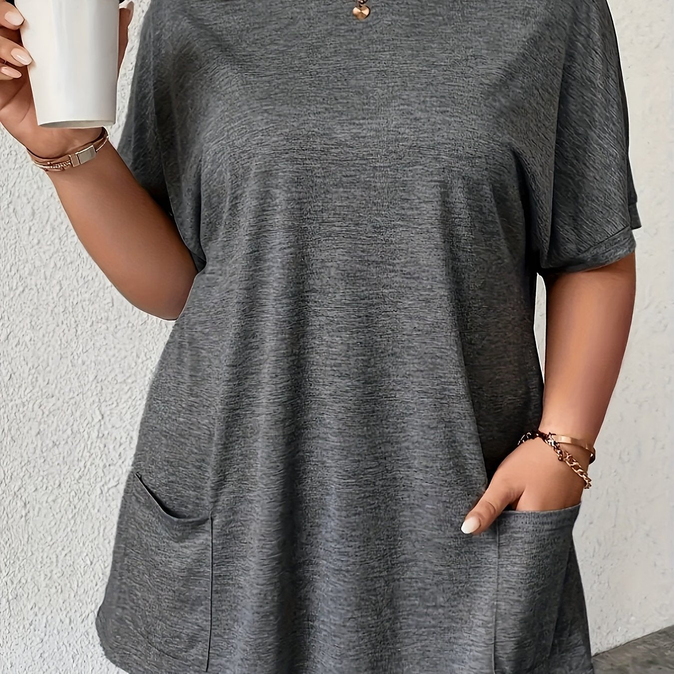 Plus Size Women's Batwing Sleeve T-Shirt with Pockets Black Summer Top