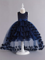 Girls' Sleeveless Princess Dress with Floral Embroidery Tulle Skirt for Pageants Weddings and Formal Events