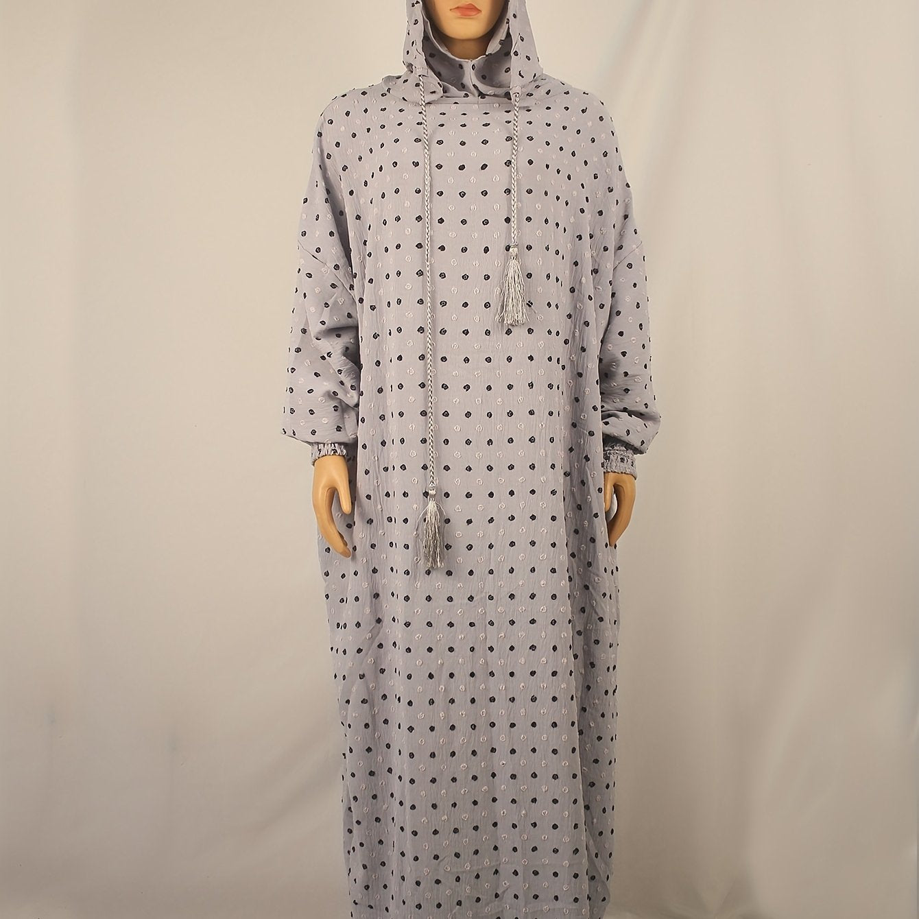 Plus o'lchamli polka nuqta kaftan kiyi bilan tassellar, uzun qo'l, kundalik, barcha mavsum uchun