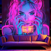 Neon Drinking Girl Fluorescent Tapestry Psychedelic Wall Art for Home and Bar Decor