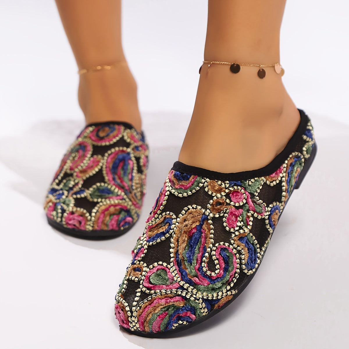 Women’s Breathable Fabric Mules Flat Heel Casual Shoes With Floral Pattern