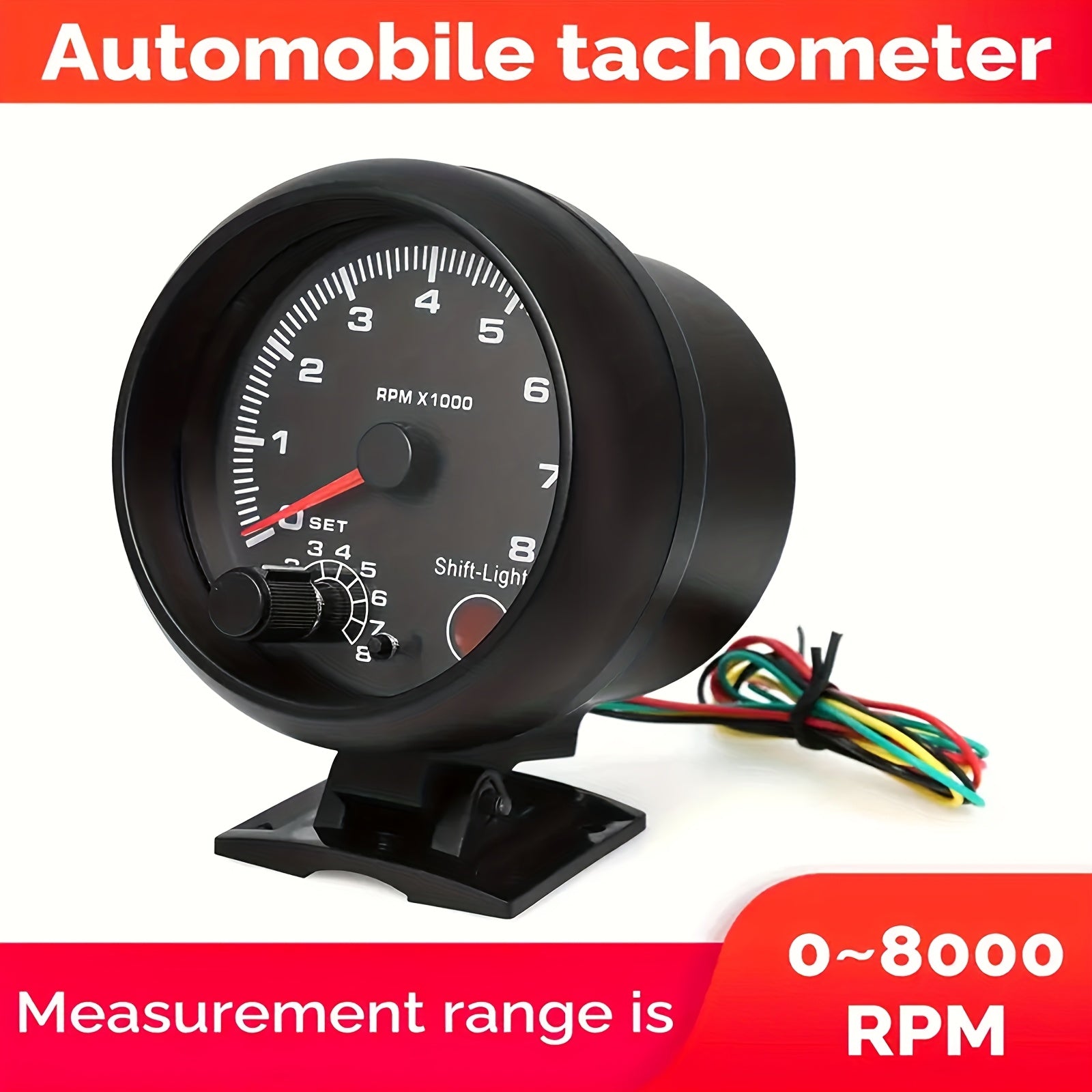 Black Tachometer Gauge 9.53cm 0-8000 RPM with Blue Shift Light for Cars
