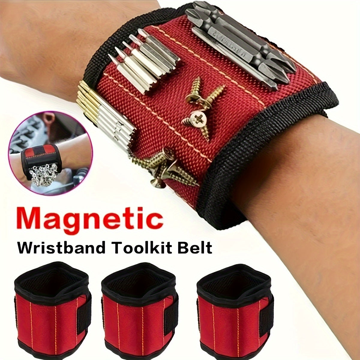 Magnetic Wristband for Screws Nails and Drills Red Fabric Tool Holder