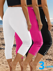 Women Plus Size Stretch Capri Pants with Button Details, Solid Color, Summer Active Bottoms