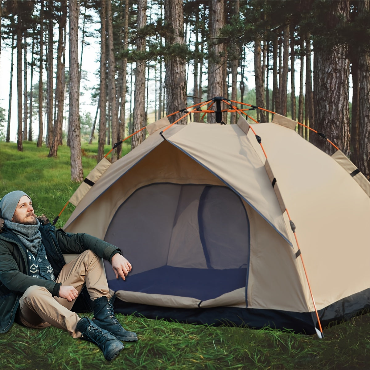 Light Brown Square Camping Tent for 4 People Waterproof Oxford Cloth with Zipper and Glass Fiber Frame