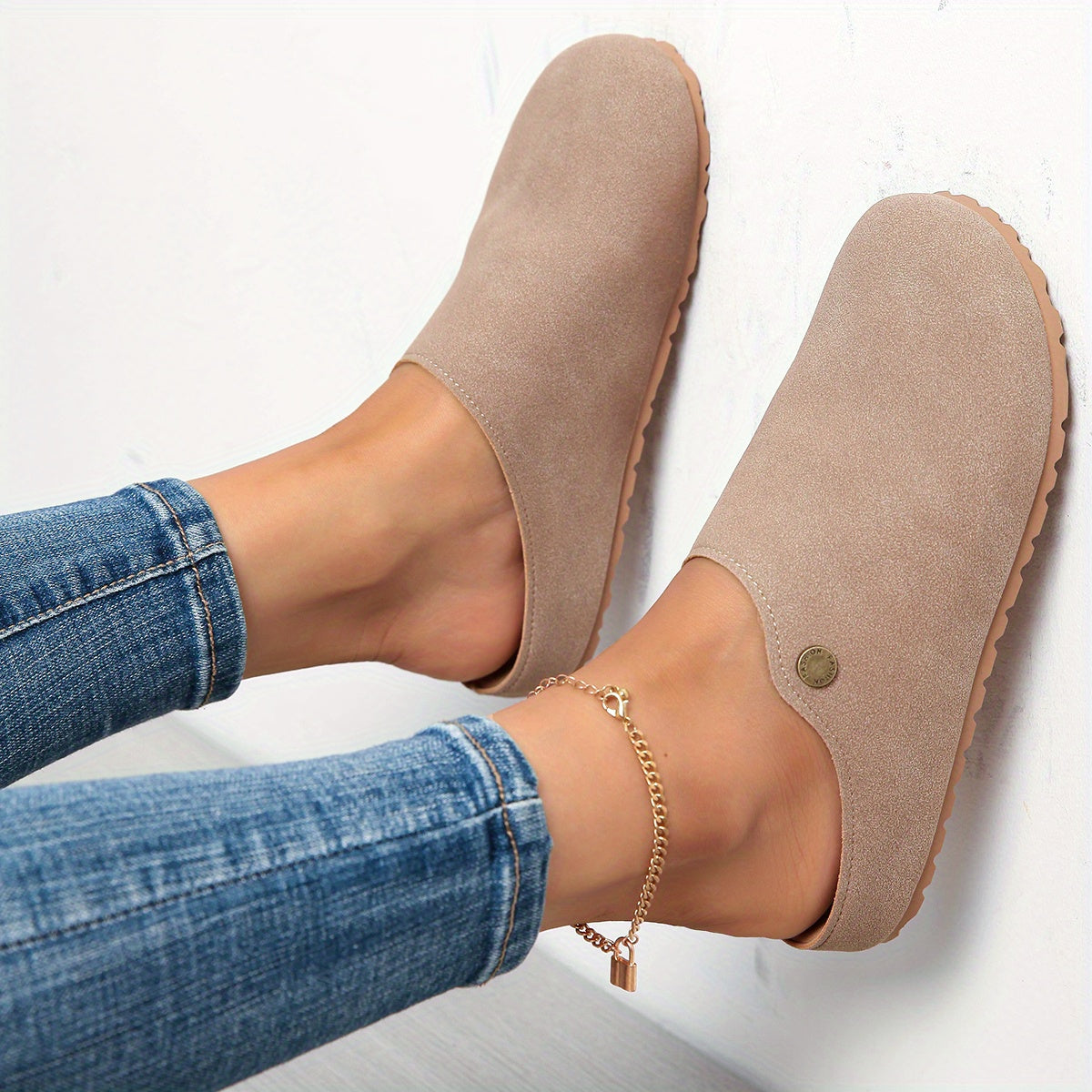 Women's Tan Mules Flat Slip-On Loafers with Ankle Strap