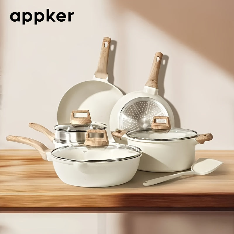 10 ta bo'lakli yopishmaydigan oq granit idishlar to'plami, qovurilgan panjara va qopqog'lar bilan