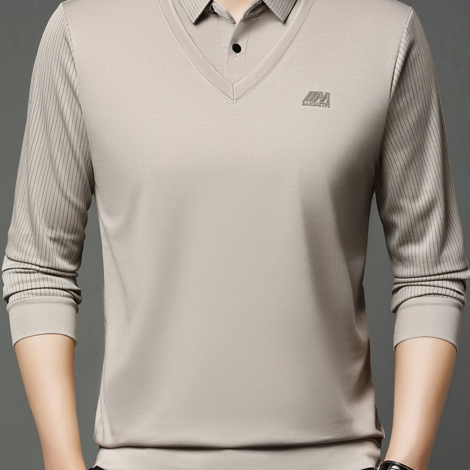 Chiziqli Erkaklar Golf Ko'ylagi, Soxta Ikki Qismli Dizayn, Bahor va Kuz Tashqi Kiymish uchun Uzun Qoltiq Ko'ylak