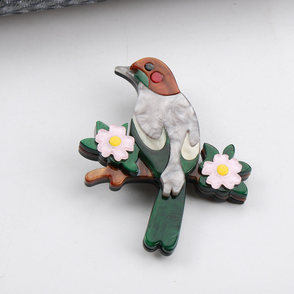 Vintage Inspired Bird Brooch Pin with Acrylic and Enamel Detailing