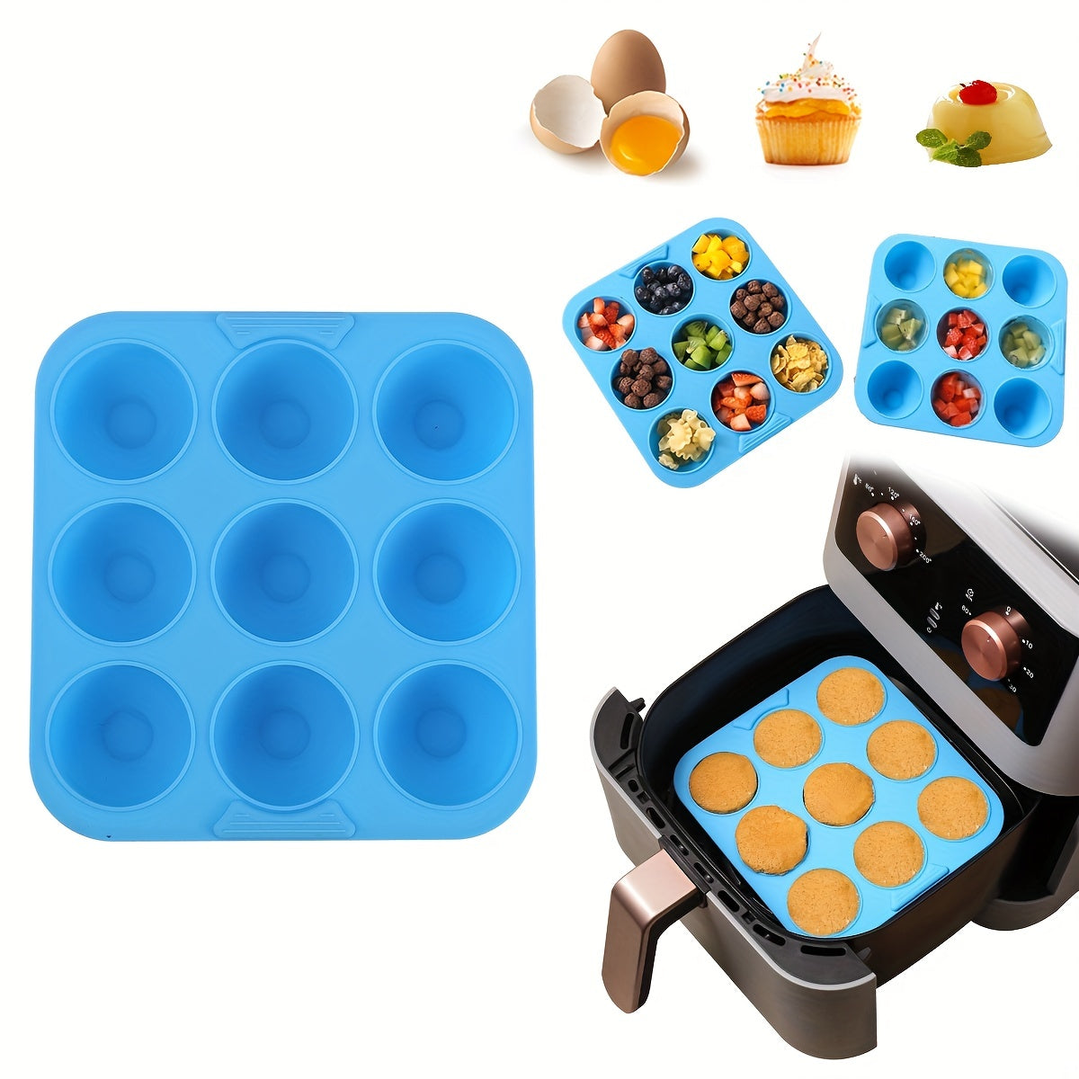 Square Silicone Cake Pan for Air Fryer 9 Cavities Oven Safe Dishwasher Safe