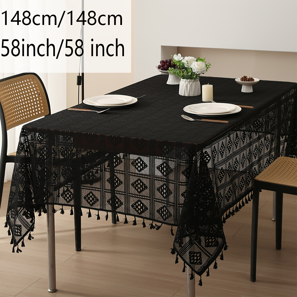 Beige Crochet Tablecloth with Tassels for Home and Party Table Settings