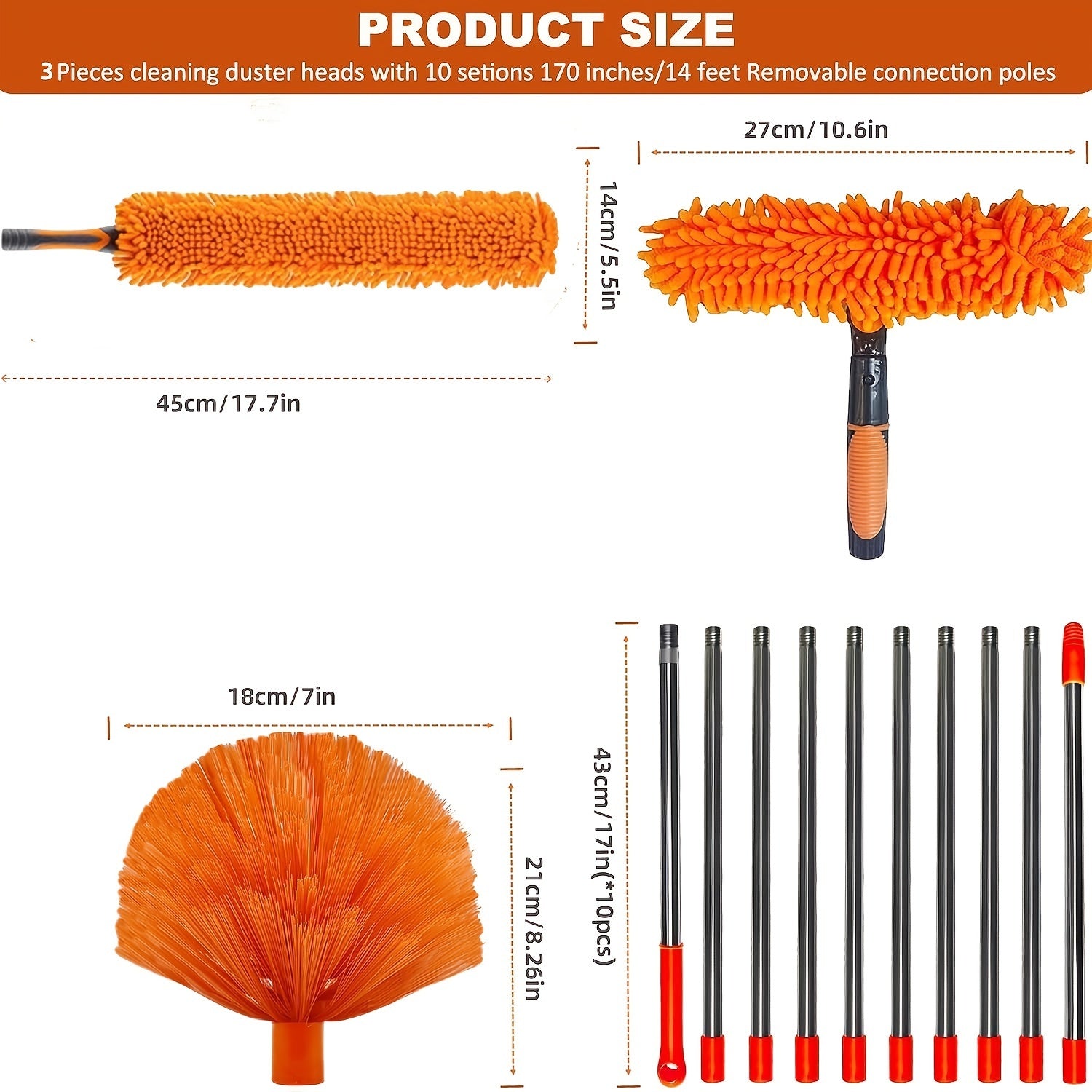 Telescopic Duster to'plami 20 futlik uzaytirish tayoqchalari zanglamaydigan po'lat tutqich bilan yuqori shiftni tozalash uchun