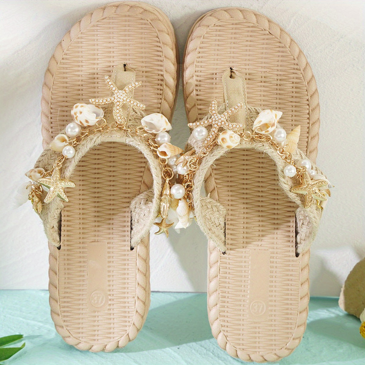 Women's Summer Slip-On Sandals with Braided Jute Straps Shell Charms