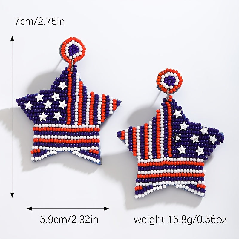 Beaded American Flag Earrings with Celestial Symbols Boho Chic Stainless Steel Posts