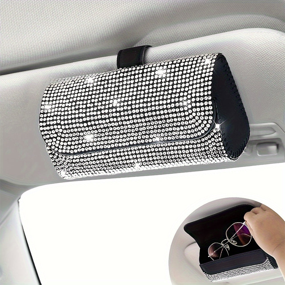 Unisex Sparkling PU Leather Car Glasses Holder Sun Visor Organizer