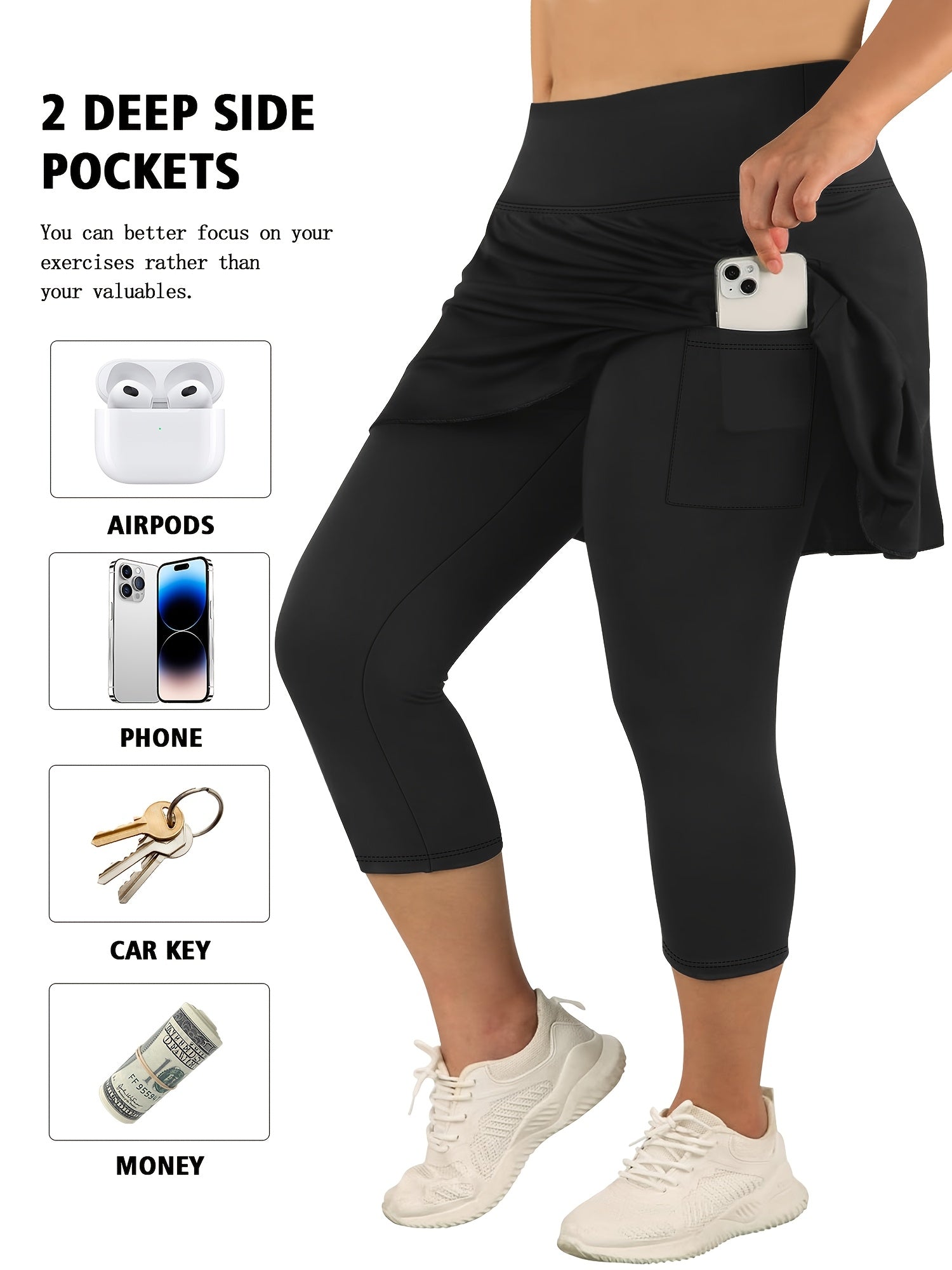 Falda pantalón capri de algodón de talle alto para mujer de tallas grandes con bolsillos