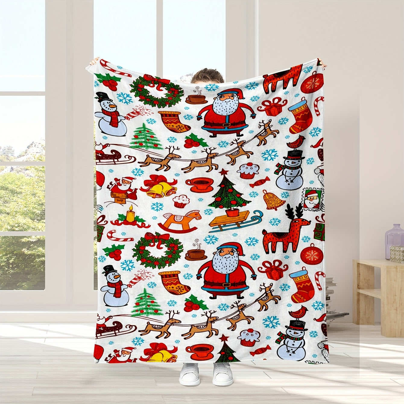 Reversible Flannel Fleece Christmas Cartoon Blanket for Sofa and Bed