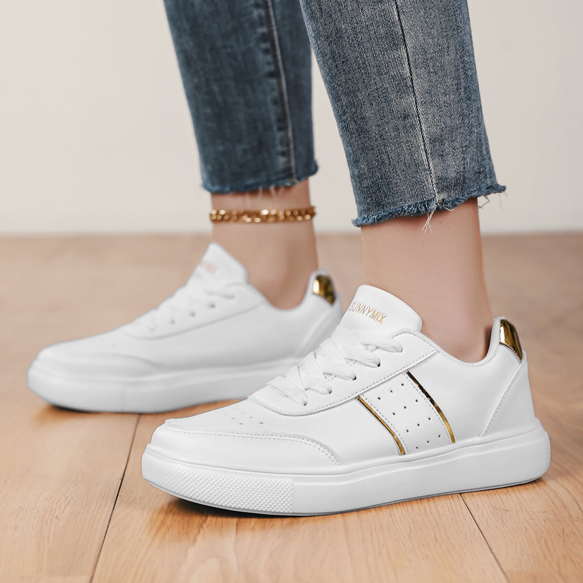 Women’s Casual Sneakers White with Gold Accents Comfortable Lace-Up Shoes