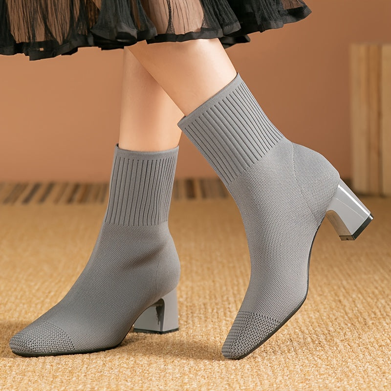 Women's Ankle Boots Breathable Knit Slip-On Block Heel Solid Color